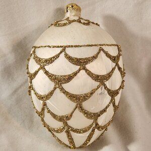 Faberge Inspired Handmade Glass Egg Ornament White Gold Glitter Reflective Embel